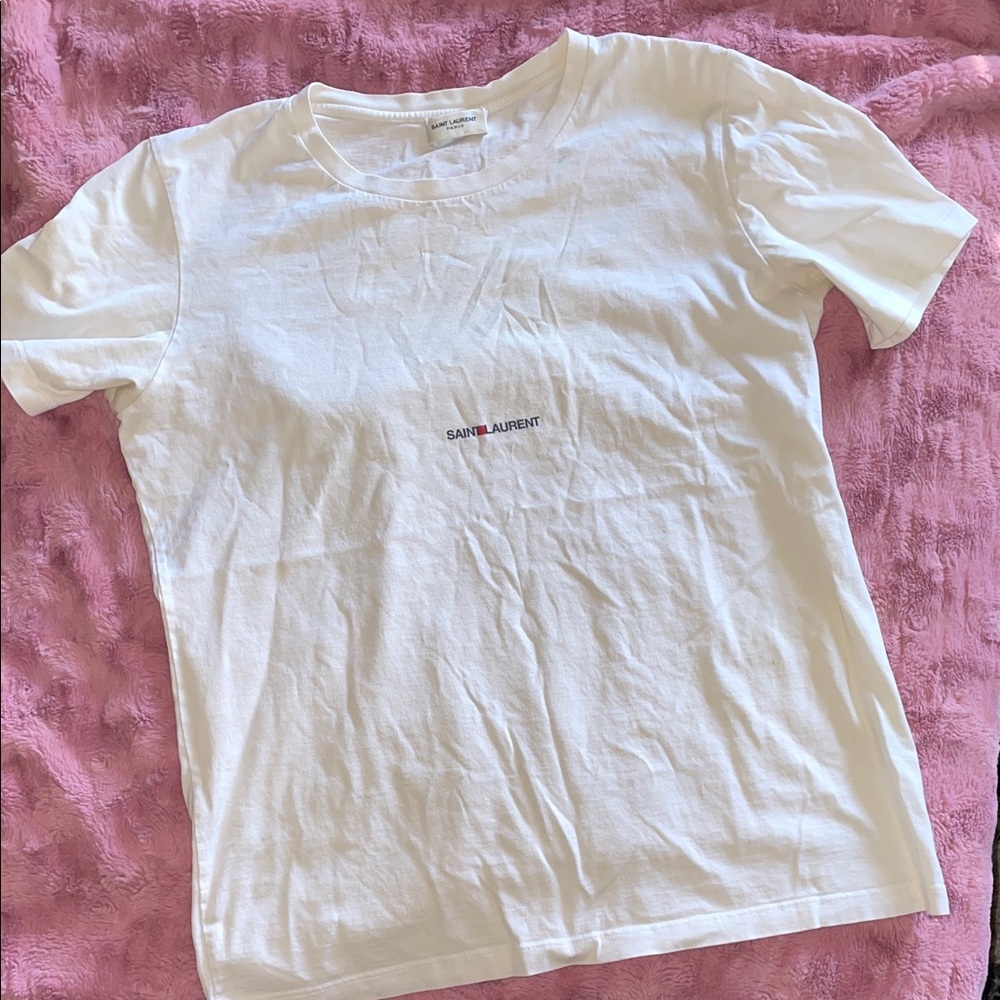Saint Laurent DISTRESSED White Tee with Small Black Logo
